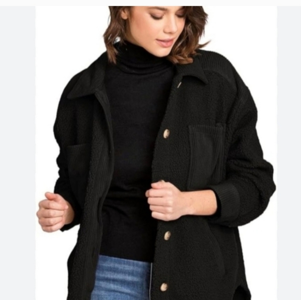 Black Women's Sherpa Shacket Jacket - Brand Sz M